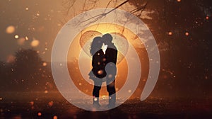 A romantic silhouette of a couple standing and kissing, summer sunset with a beautiful bokeh from raindrops.