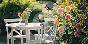 Romantic sitting area in the rose garden, round wooden table and chairs near the large flowering bushes of English roses