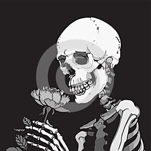 Romantic skeleton sniffing flower. Abstract black and white illustration