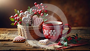 Romantic Snack Time: Frosted Heart Cookies and Red Mug Beverage for Valentine\'s