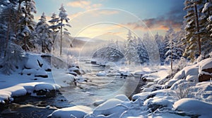 Romantic Snow-covered Forest Scene With River - Terragen Style