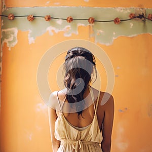 Romantic Soft Focus: A Woman Standing In Front Of A Textured Orange Wall