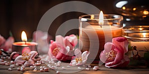 romantic spa cozy atmosfear candle blurred light pink flowers relaxing salon background