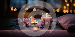 romantic spa cozy atmosfear candle blurred light pink flowers relaxing salon background