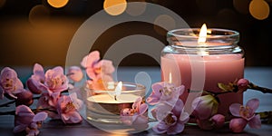 romantic spa cozy atmosfear candle blurred light pink flowers relaxing salon background