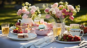 A romantic spring picnic for two under a canopy of cherry blossoms, with a spread of gourmet delicacies and a bottle of sparkling