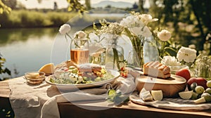 A romantic spring picnic for two under a canopy of cherry blossoms, with a spread of gourmet delicacies and a bottle of sparkling