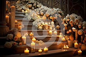 Romantic Stairs candles flowers. Generate Ai