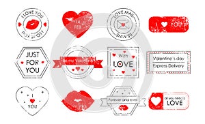 Romantic stamps  a set of stamps for envelopes  postcards and letters. Valentine\'s Day  love letters.