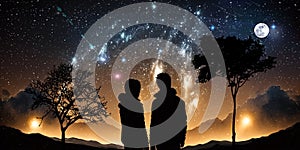 romantic starry night Trees silhouettes and couple watch on moon universe cosmic background and