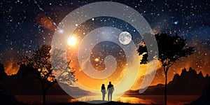 romantic starry night Trees silhouettes and couple watch on moon universe cosmic background and