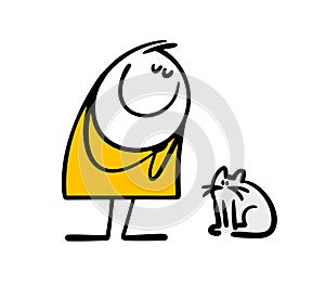 Romantic stick figure fat woman has met a cat and is touched by her sweetness. Vector illustration of gray kitten and