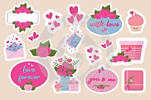 Romantic stickers set with frames, pink roses, gifts, love letter and cupcake in cute cartoon style isolated on white