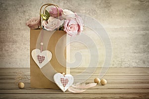 Romantic still life background with hand made hearts, vintage to