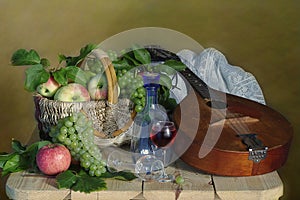 Romantic still life with fruit and a musical instrument
