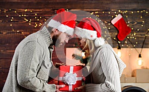 Romantic story. greeting time. celebrate christmas together. winter season sales. couple in love santa hat. Time for