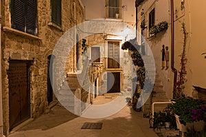 Romantic streets of Polignano a Mare old town by night with poems written on stairs, Apulia region, South of Italy photo