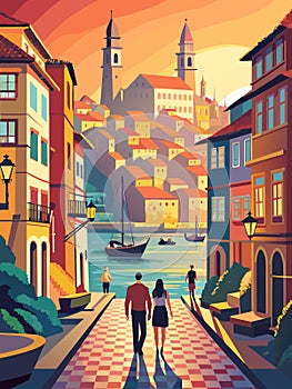 Romantic Stroll in Mediterranean Coastal Town at Sunset photo