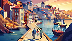 Romantic Stroll by the River in Quaint European Town at Sunset photo
