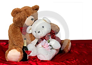 Romantic Stuffed Toy Bears with Bottle of Wine and Flowers on red silk