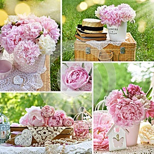 Romantic style collage with pink peonies still life