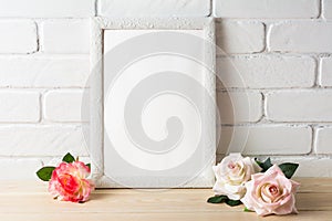 Romantic style white frame mockup with roses
