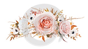 Romantic stylish vector floral wreath, garland bouquet design. Blush peach, pale pink Roses, ivory white anemone flowers, taupe