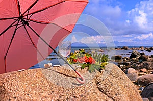 Romantic Summer Hello Autumn  August Season Wild tree Autumn leaves and stone on  beach sand red Rowanberry  glass  fres