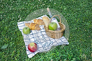 Romantic summer picnic lunch outdoors. Wicker basket with croissants, apples and bottle of rose wine  on checkered cloth on grass