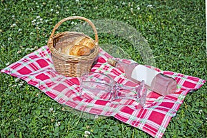 Romantic summer picnic lunch outdoors. Wicker basket with croissants and bottle of rose wine on checkered cloth on grass in park