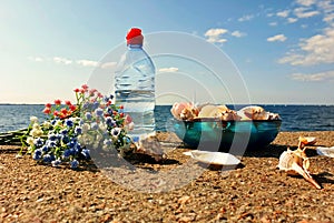 Romantic summer sunset on sea  Wonderful Wild flowers fresh water in the clean Baltic Sea seashell on the rock  Blue glass cup an
