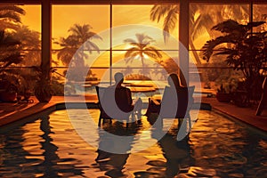romantic sunset back relax swimming couple pool travel vacation honeymoon. Generative AI.