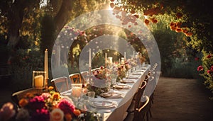 A romantic sunset banquet in a formal garden with elegance generated by AI