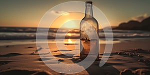 romantic sunset at the beach with bottle with a message