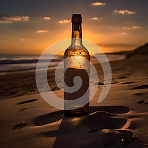 romantic sunset at the beach with bottle with a message