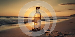 romantic sunset at the beach with bottle with a message