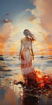 Romantic Sunset Beach Painting: Girl Walking On The Beach At Sunset