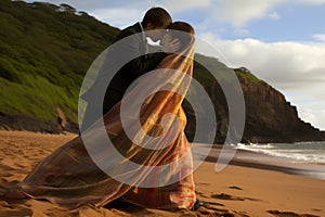 Romantic sunset beach wedding with groom passionately kissing bride photo