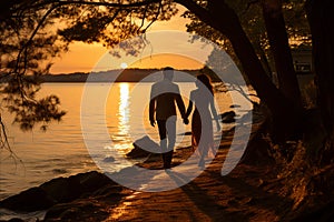 Romantic Sunset. Couples Silhouettes Embracing Love in Serene Beach Sunset View