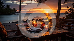 Romantic sunset dinner on the beach. AI Generated