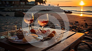 Romantic sunset dinner on the beach. AI Generated