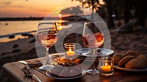 Romantic sunset dinner on the beach. AI Generated