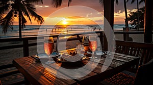 Romantic sunset dinner on the beach. AI Generated