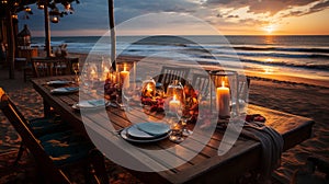 Romantic sunset dinner on the beach. AI Generated