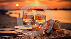 Romantic sunset dinner on the beach. Table honeymoon set for two with luxurious food, glasses of rose wine drinks in a restaurant