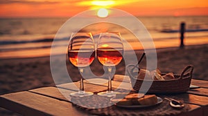 Romantic sunset dinner on the beach. Table honeymoon set for two with luxurious food, glasses of rose wine drinks in a restaurant