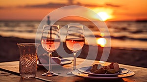 Romantic sunset dinner on the beach. Table honeymoon set for two with luxurious food, glasses of rose wine drinks in a restaurant