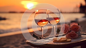 Romantic sunset dinner on the beach. Table honeymoon set for two with luxurious food, glasses of rose wine drinks in a restaurant