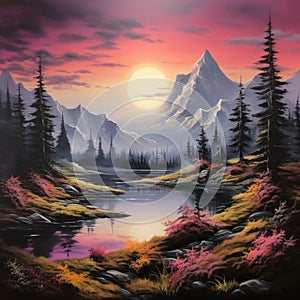 Romantic Sunset Mountain Landscape Painting In Dark Pink And Gray