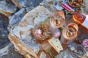 Romantic Sunset Picnic by the Sea With RosÃ© Wine and Fresh Grapes